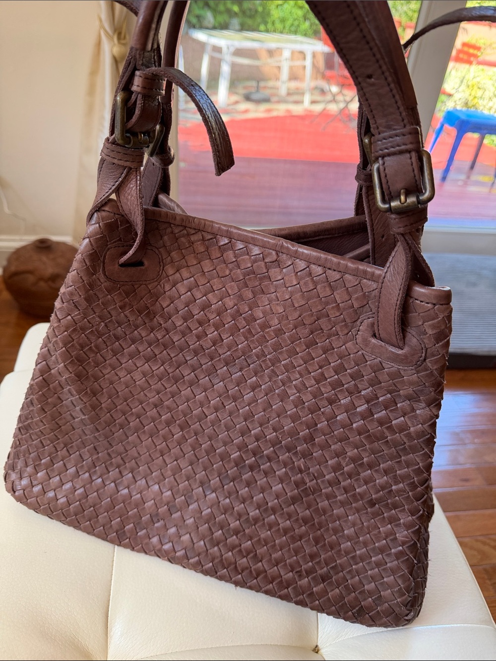 Woven Leather Shoulder Bag in Dark Brown - Women Bags